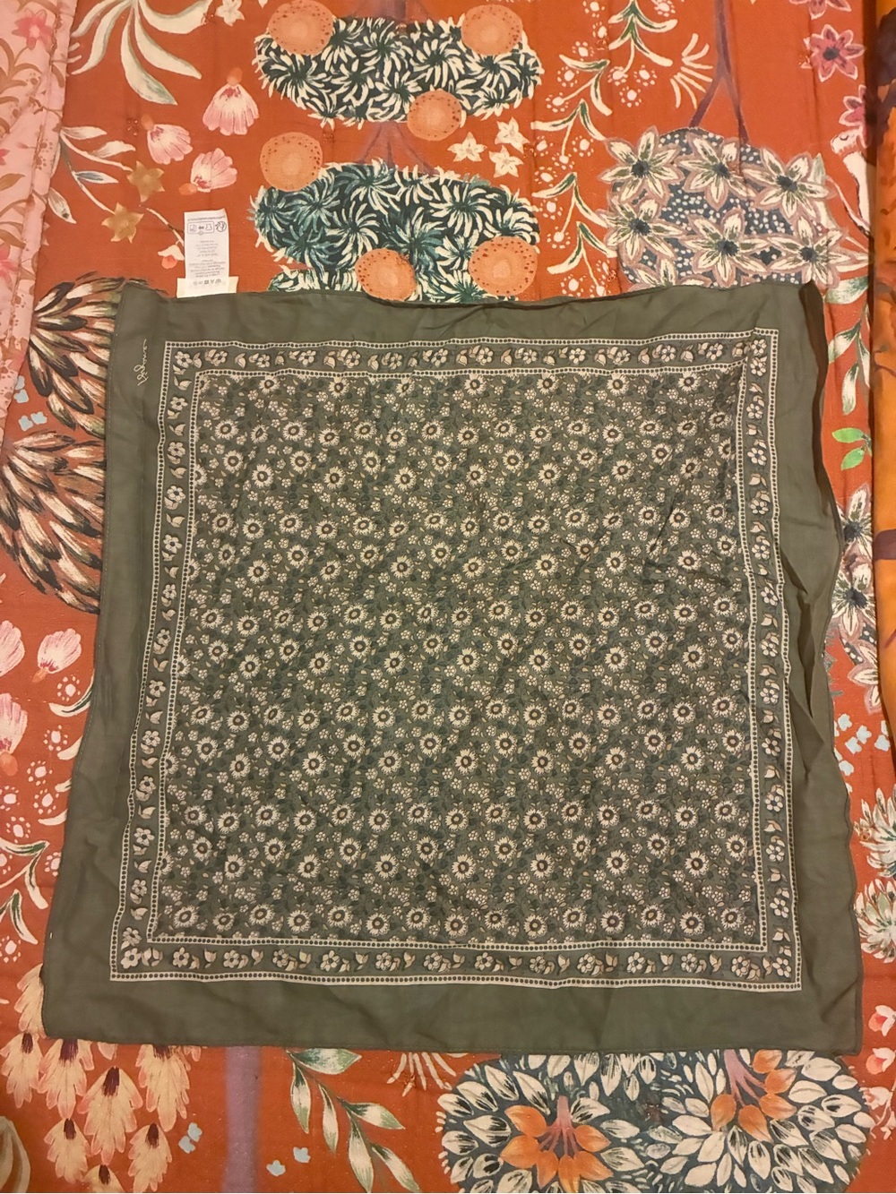 2 Sezane Floral Bandana Scarf - Rust and Green - Picture 5 of 7